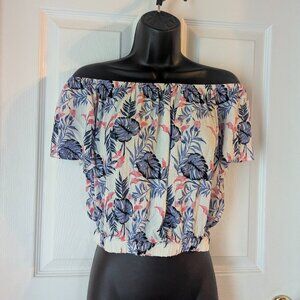 Elodie tropical leaf print top in blue white & pink - M